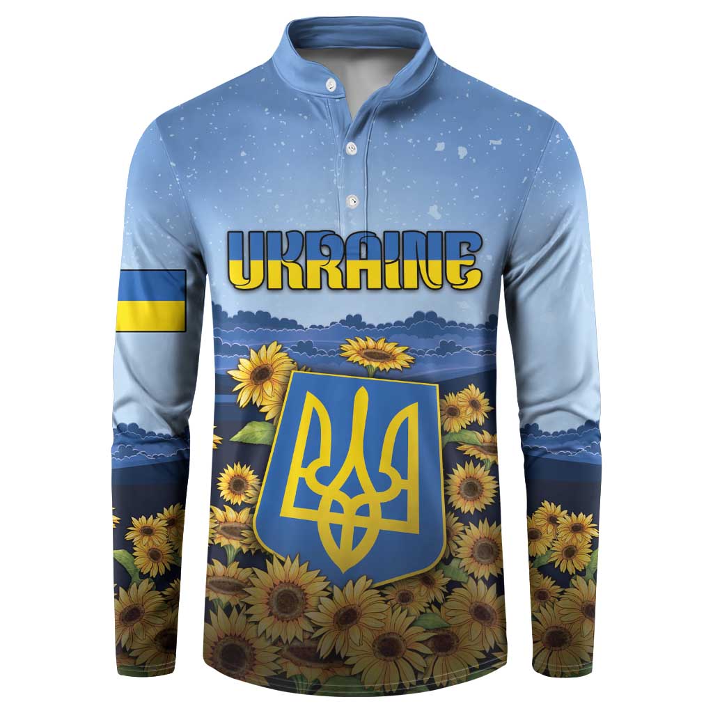 Personalized Ukraine Button Sweatshirt Coat Of Arms On Sunflower Field - Wonder Print Shop