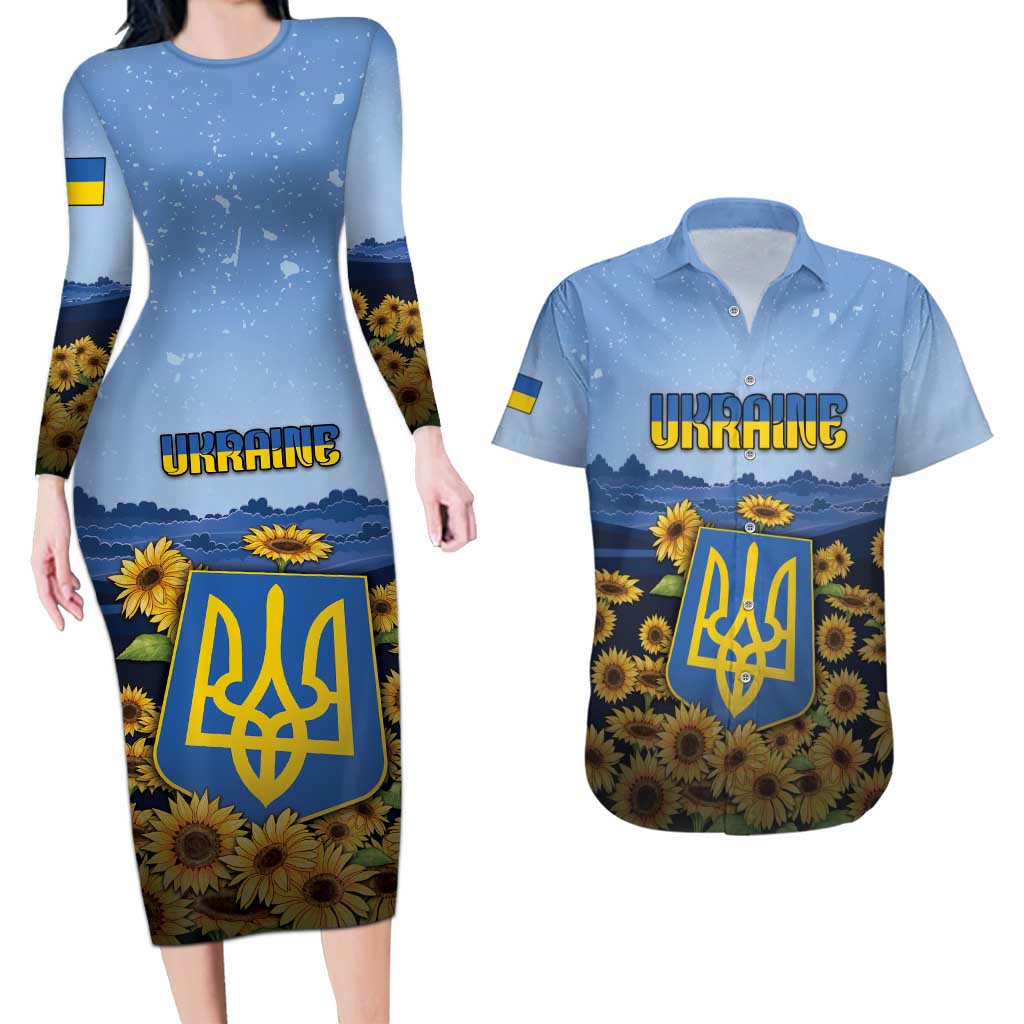 Personalized Ukraine Couples Matching Long Sleeve Bodycon Dress and Hawaiian Shirt Coat Of Arms On Sunflower Field - Wonder Print Shop