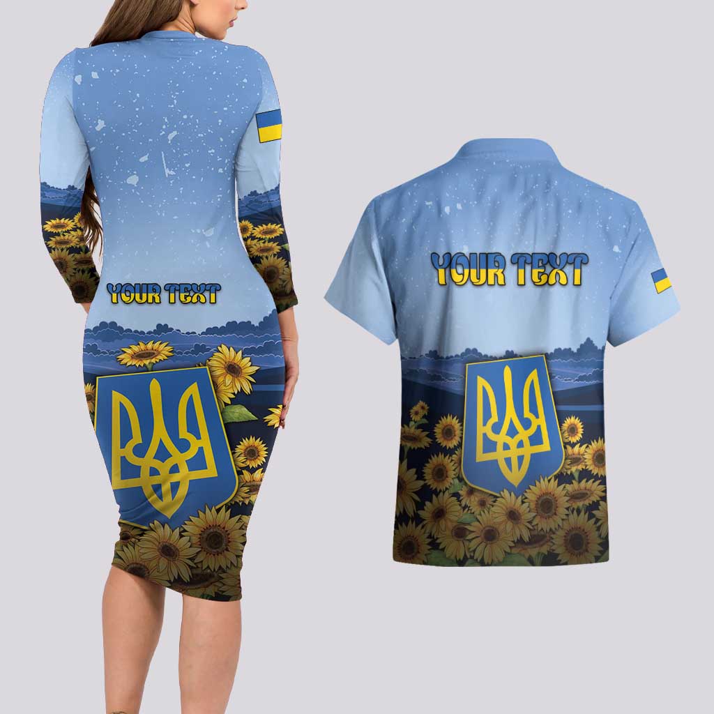 Personalized Ukraine Couples Matching Long Sleeve Bodycon Dress and Hawaiian Shirt Coat Of Arms On Sunflower Field - Wonder Print Shop