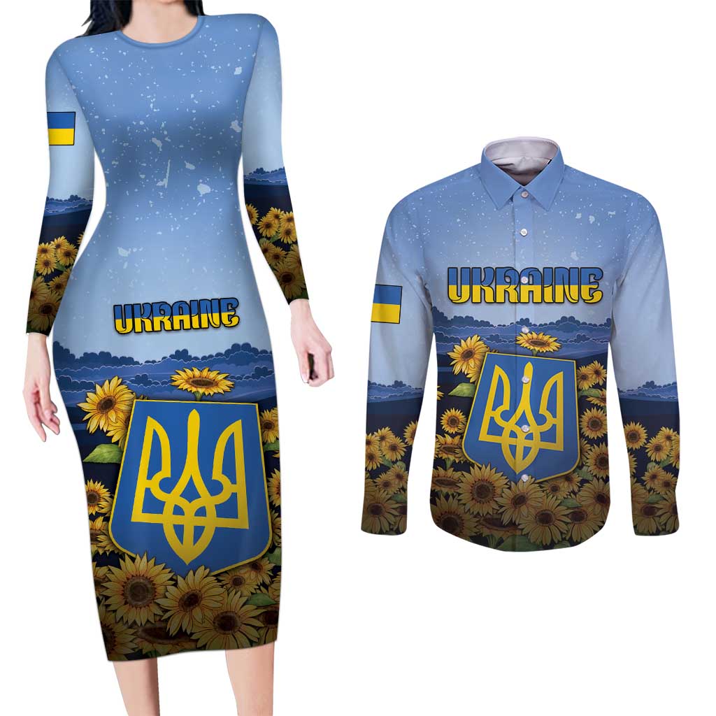 Personalized Ukraine Couples Matching Long Sleeve Bodycon Dress and Long Sleeve Button Shirt Coat Of Arms On Sunflower Field - Wonder Print Shop