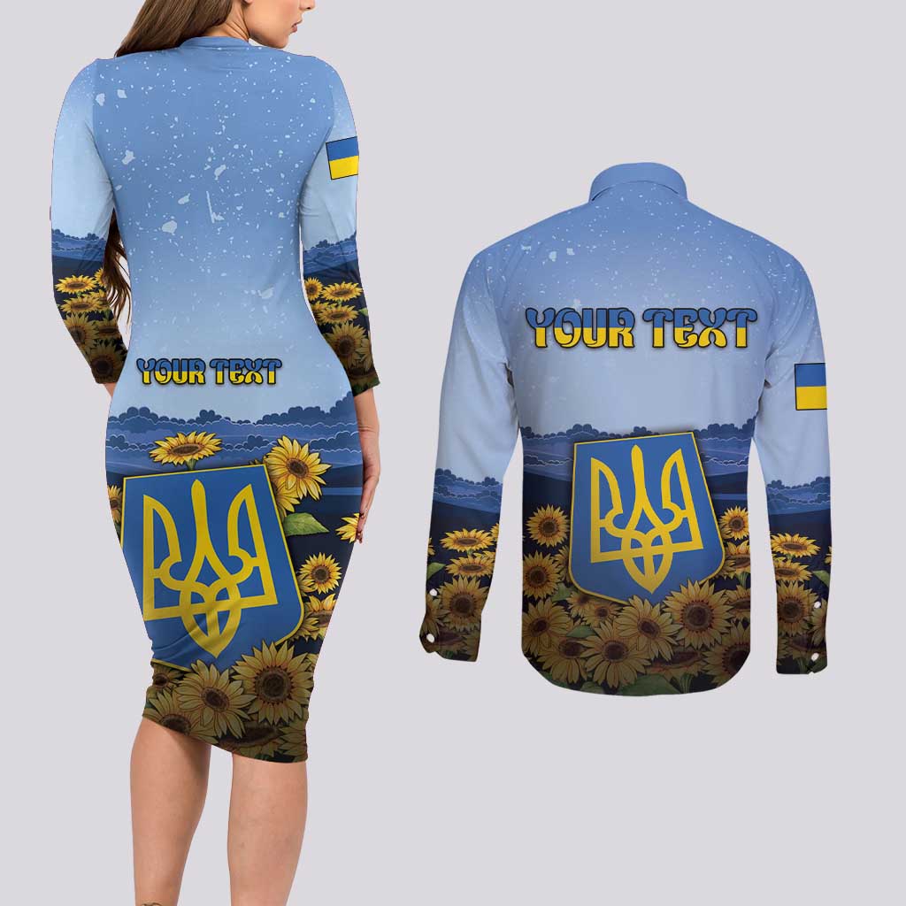 Personalized Ukraine Couples Matching Long Sleeve Bodycon Dress and Long Sleeve Button Shirt Coat Of Arms On Sunflower Field - Wonder Print Shop