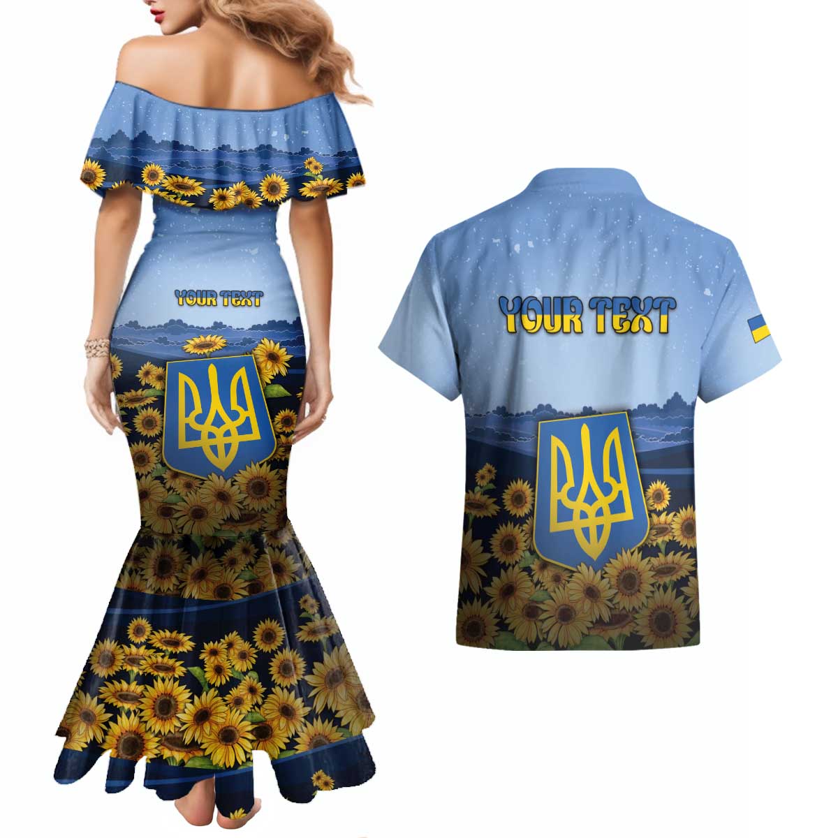 Personalized Ukraine Couples Matching Mermaid Dress and Hawaiian Shirt Coat Of Arms On Sunflower Field - Wonder Print Shop
