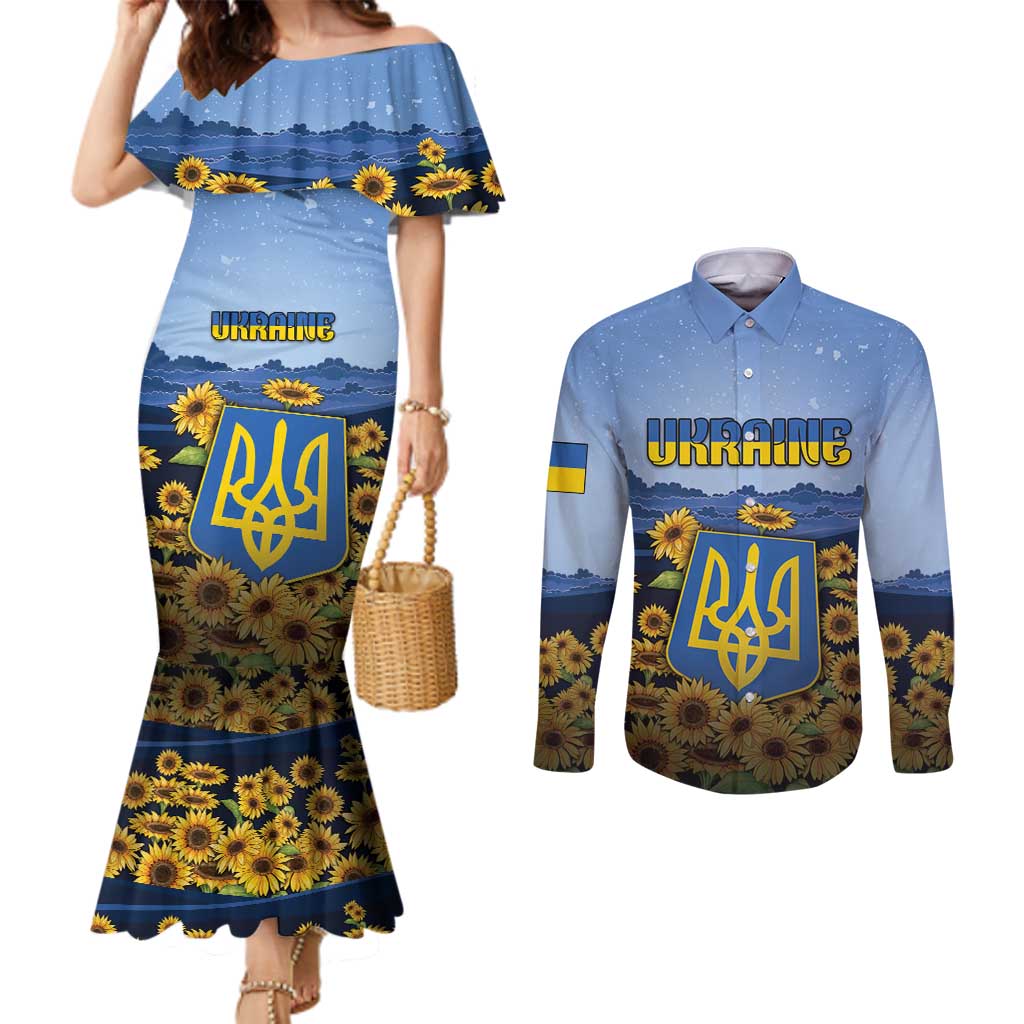 Personalized Ukraine Couples Matching Mermaid Dress and Long Sleeve Button Shirt Coat Of Arms On Sunflower Field - Wonder Print Shop