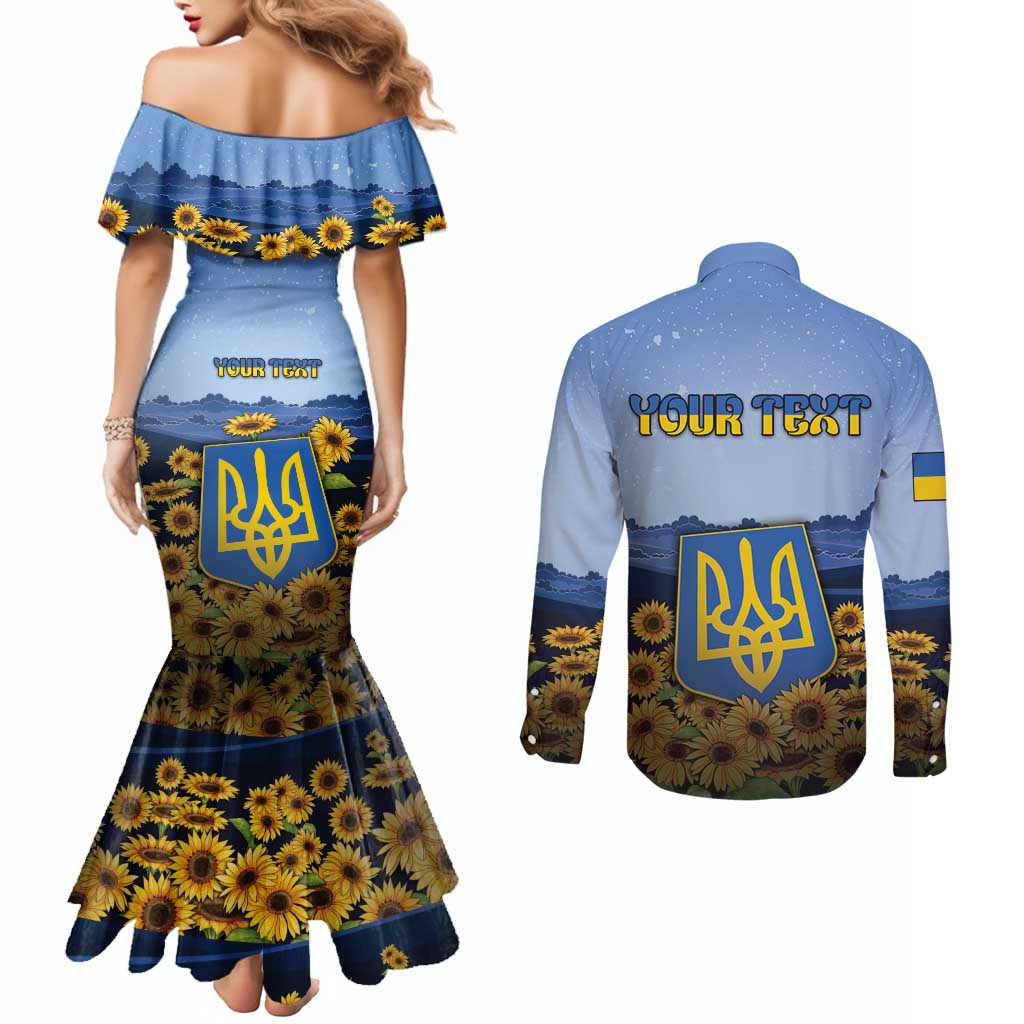 Personalized Ukraine Couples Matching Mermaid Dress and Long Sleeve Button Shirt Coat Of Arms On Sunflower Field - Wonder Print Shop
