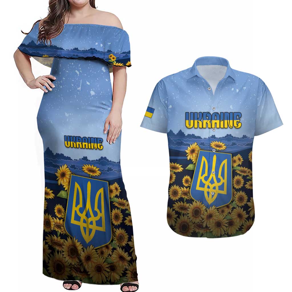 Personalized Ukraine Couples Matching Off Shoulder Maxi Dress and Hawaiian Shirt Coat Of Arms On Sunflower Field - Wonder Print Shop