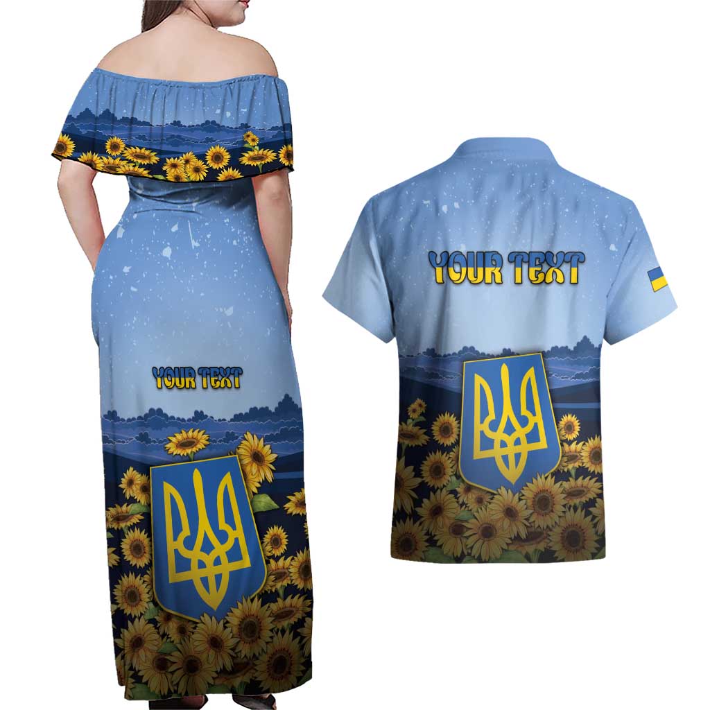 Personalized Ukraine Couples Matching Off Shoulder Maxi Dress and Hawaiian Shirt Coat Of Arms On Sunflower Field - Wonder Print Shop