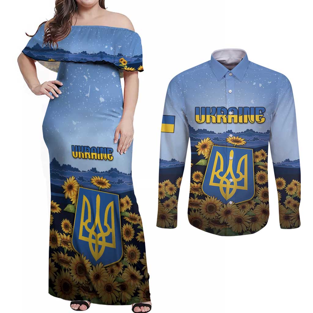 Personalized Ukraine Couples Matching Off Shoulder Maxi Dress and Long Sleeve Button Shirt Coat Of Arms On Sunflower Field - Wonder Print Shop
