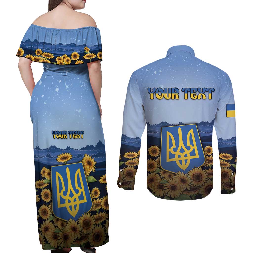 Personalized Ukraine Couples Matching Off Shoulder Maxi Dress and Long Sleeve Button Shirt Coat Of Arms On Sunflower Field - Wonder Print Shop