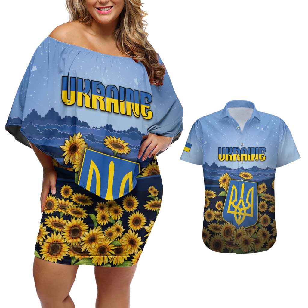 Personalized Ukraine Couples Matching Off Shoulder Short Dress and Hawaiian Shirt Coat Of Arms On Sunflower Field - Wonder Print Shop