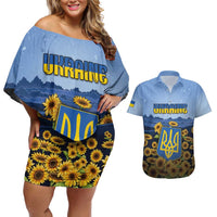 Personalized Ukraine Couples Matching Off Shoulder Short Dress and Hawaiian Shirt Coat Of Arms On Sunflower Field - Wonder Print Shop