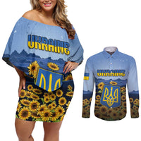Personalized Ukraine Couples Matching Off Shoulder Short Dress and Long Sleeve Button Shirt Coat Of Arms On Sunflower Field - Wonder Print Shop