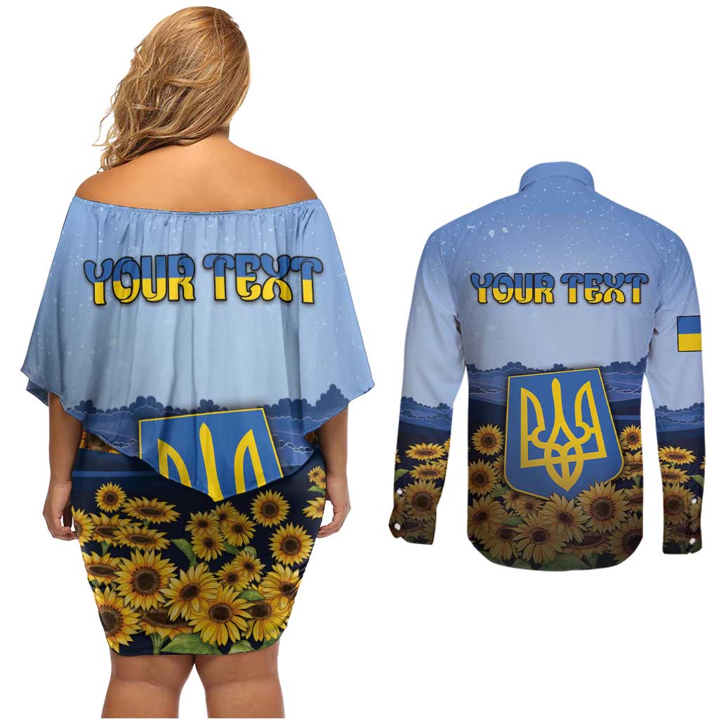 Personalized Ukraine Couples Matching Off Shoulder Short Dress and Long Sleeve Button Shirt Coat Of Arms On Sunflower Field - Wonder Print Shop