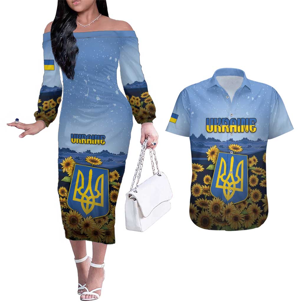 Personalized Ukraine Couples Matching Off The Shoulder Long Sleeve Dress and Hawaiian Shirt Coat Of Arms On Sunflower Field - Wonder Print Shop
