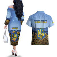Personalized Ukraine Couples Matching Off The Shoulder Long Sleeve Dress and Hawaiian Shirt Coat Of Arms On Sunflower Field - Wonder Print Shop