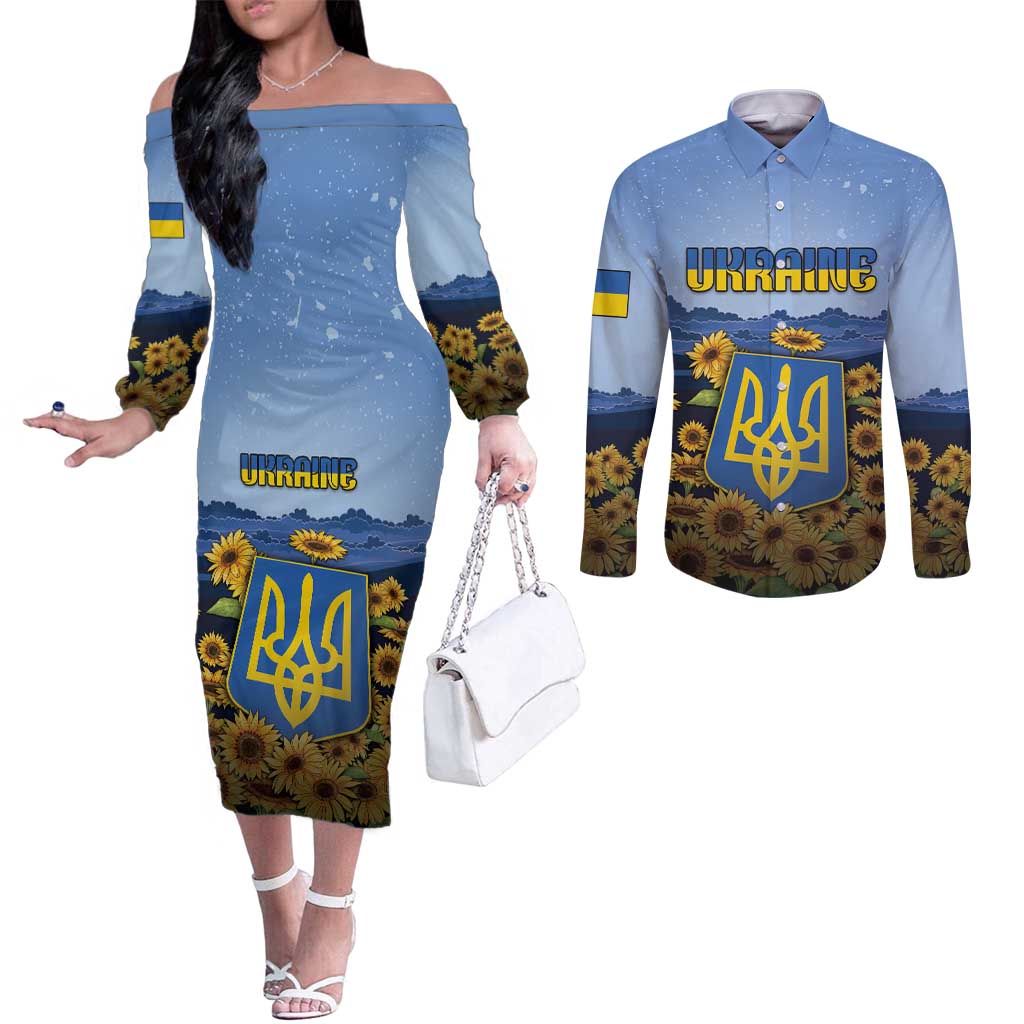 Personalized Ukraine Couples Matching Off The Shoulder Long Sleeve Dress and Long Sleeve Button Shirt Coat Of Arms On Sunflower Field - Wonder Print Shop
