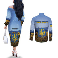 Personalized Ukraine Couples Matching Off The Shoulder Long Sleeve Dress and Long Sleeve Button Shirt Coat Of Arms On Sunflower Field - Wonder Print Shop