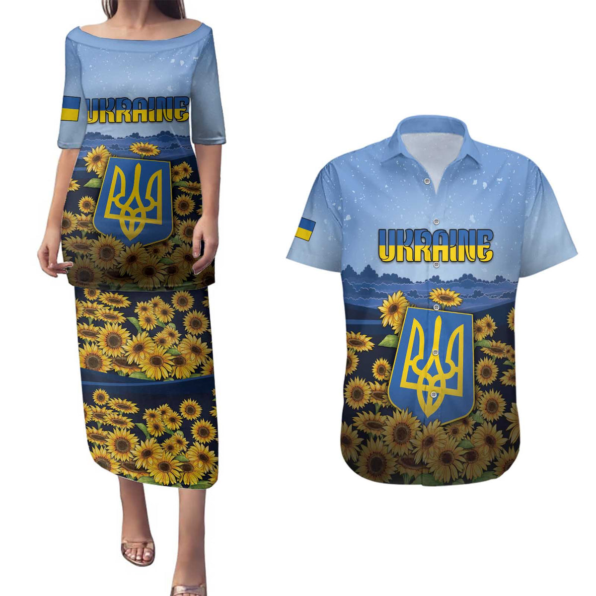 Personalized Ukraine Couples Matching Puletasi and Hawaiian Shirt Coat Of Arms On Sunflower Field - Wonder Print Shop