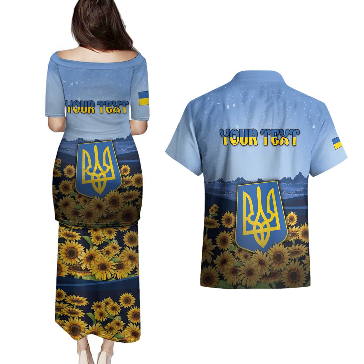 Personalized Ukraine Couples Matching Puletasi and Hawaiian Shirt Coat Of Arms On Sunflower Field - Wonder Print Shop