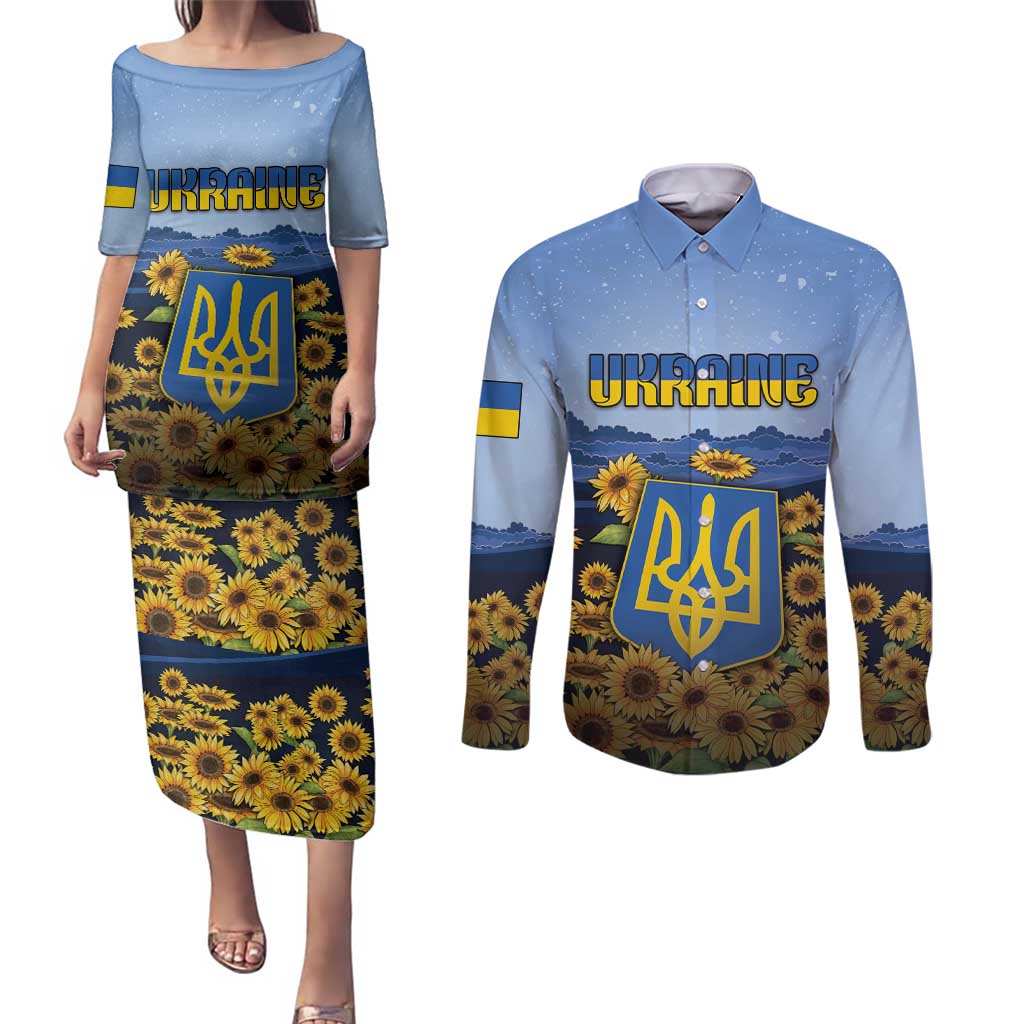 Personalized Ukraine Couples Matching Puletasi and Long Sleeve Button Shirt Coat Of Arms On Sunflower Field - Wonder Print Shop
