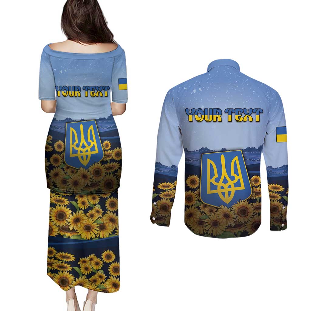 Personalized Ukraine Couples Matching Puletasi and Long Sleeve Button Shirt Coat Of Arms On Sunflower Field - Wonder Print Shop