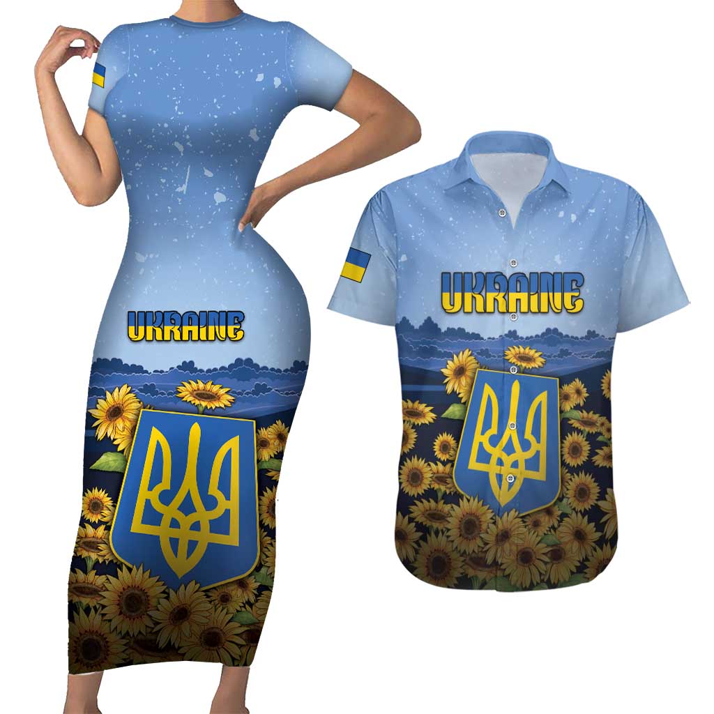 Personalized Ukraine Couples Matching Short Sleeve Bodycon Dress and Hawaiian Shirt Coat Of Arms On Sunflower Field - Wonder Print Shop