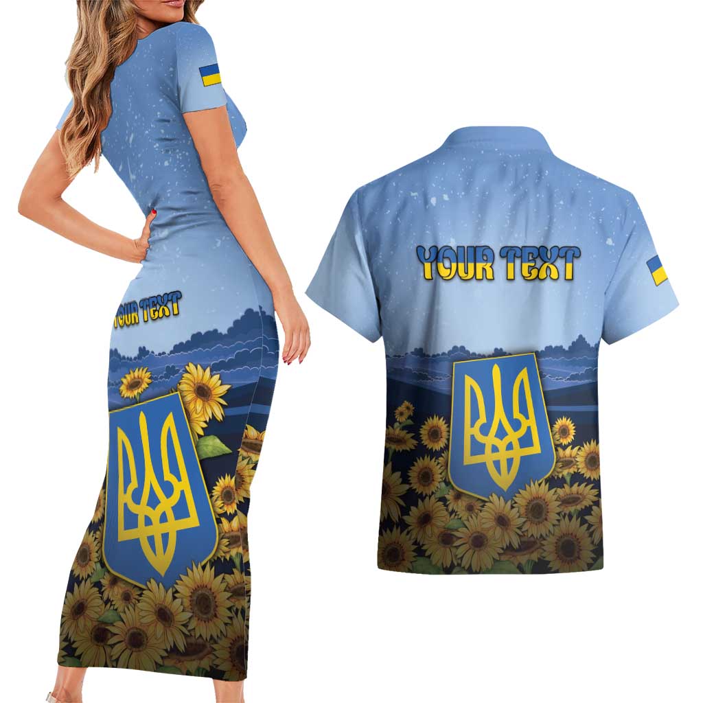 Personalized Ukraine Couples Matching Short Sleeve Bodycon Dress and Hawaiian Shirt Coat Of Arms On Sunflower Field - Wonder Print Shop