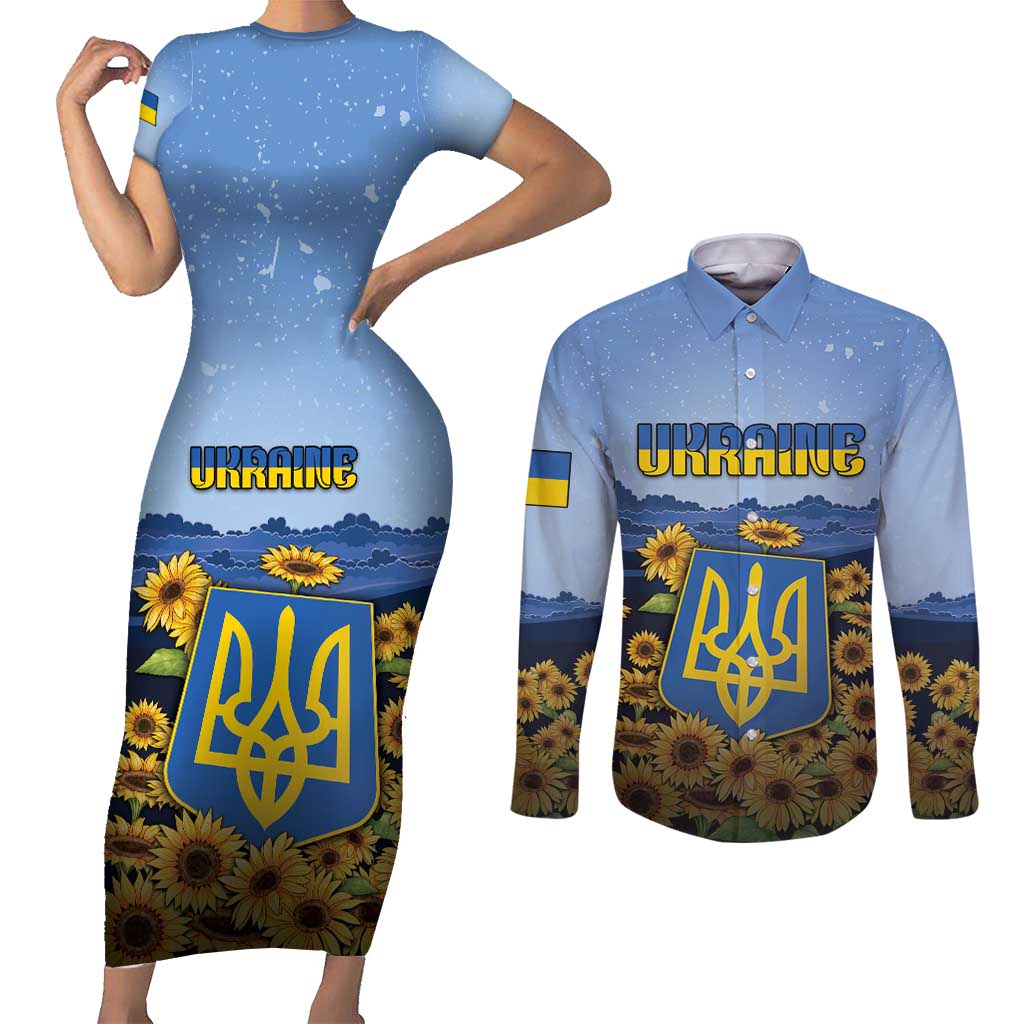 Personalized Ukraine Couples Matching Short Sleeve Bodycon Dress and Long Sleeve Button Shirt Coat Of Arms On Sunflower Field - Wonder Print Shop