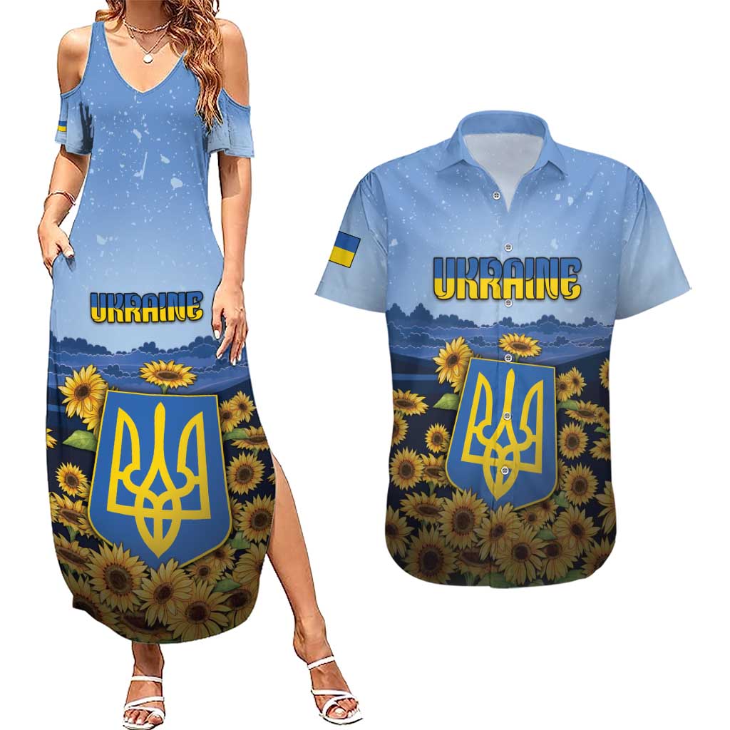Personalized Ukraine Couples Matching Summer Maxi Dress and Hawaiian Shirt Coat Of Arms On Sunflower Field - Wonder Print Shop