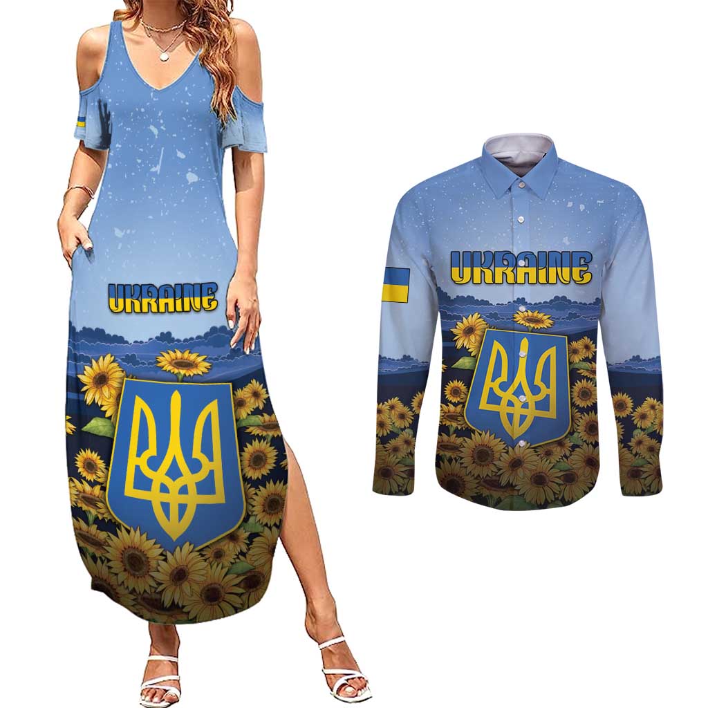 Personalized Ukraine Couples Matching Summer Maxi Dress and Long Sleeve Button Shirt Coat Of Arms On Sunflower Field - Wonder Print Shop