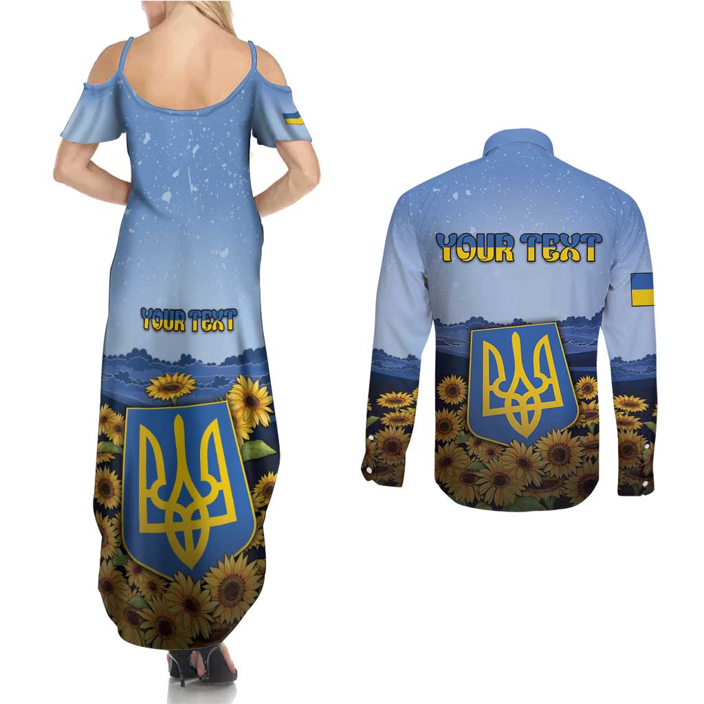 Personalized Ukraine Couples Matching Summer Maxi Dress and Long Sleeve Button Shirt Coat Of Arms On Sunflower Field - Wonder Print Shop