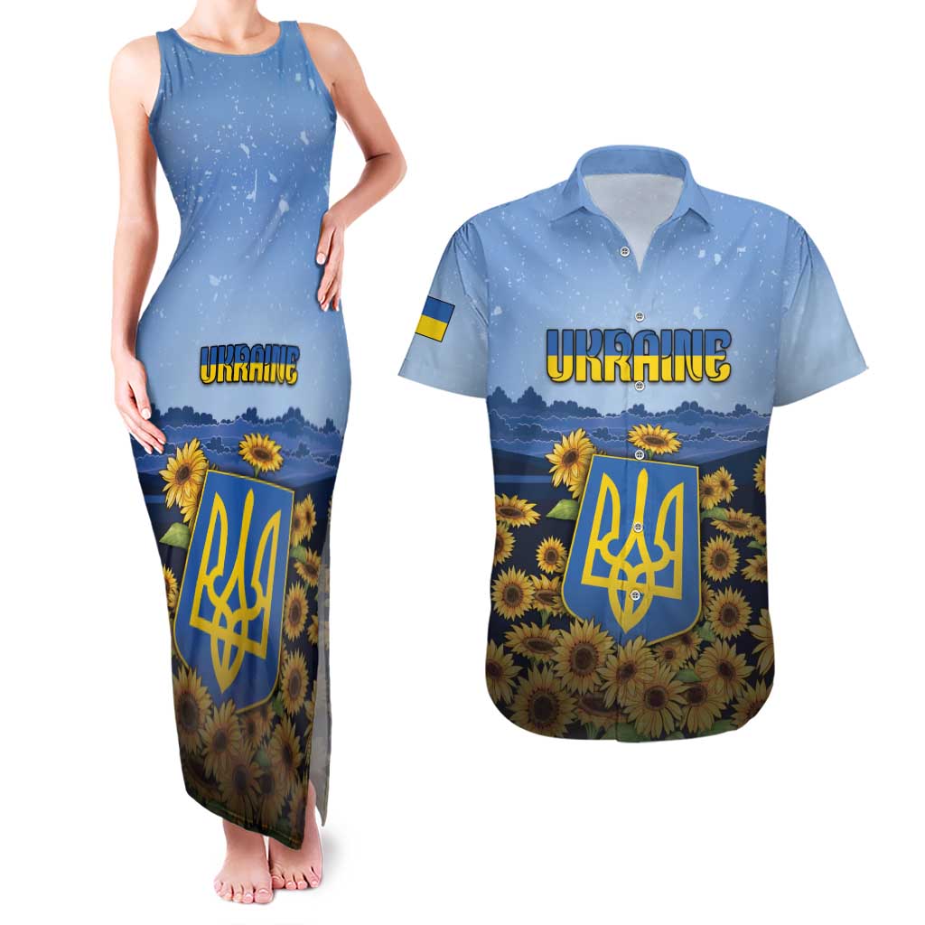 Personalized Ukraine Couples Matching Tank Maxi Dress and Hawaiian Shirt Coat Of Arms On Sunflower Field - Wonder Print Shop