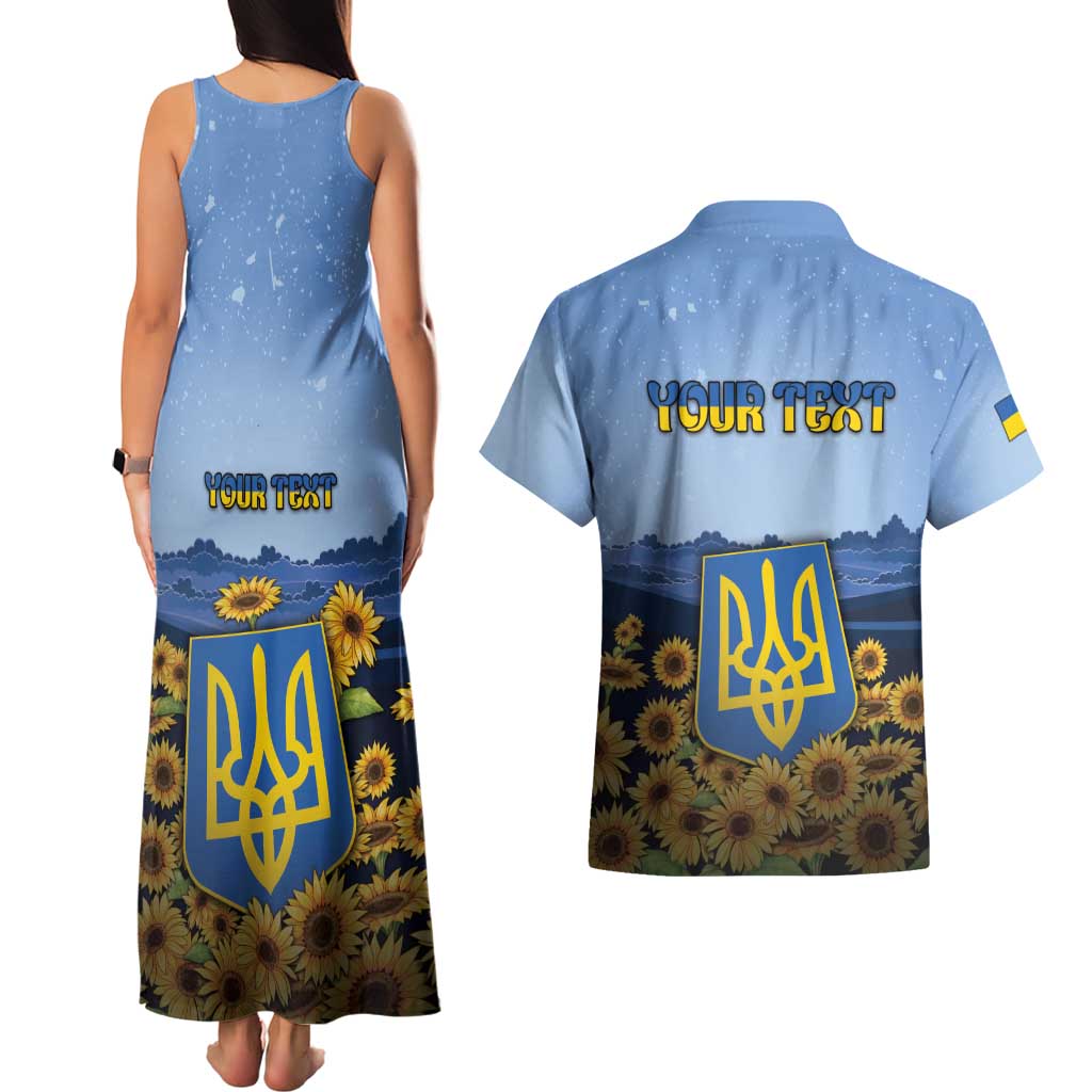 Personalized Ukraine Couples Matching Tank Maxi Dress and Hawaiian Shirt Coat Of Arms On Sunflower Field - Wonder Print Shop