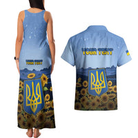 Personalized Ukraine Couples Matching Tank Maxi Dress and Hawaiian Shirt Coat Of Arms On Sunflower Field - Wonder Print Shop