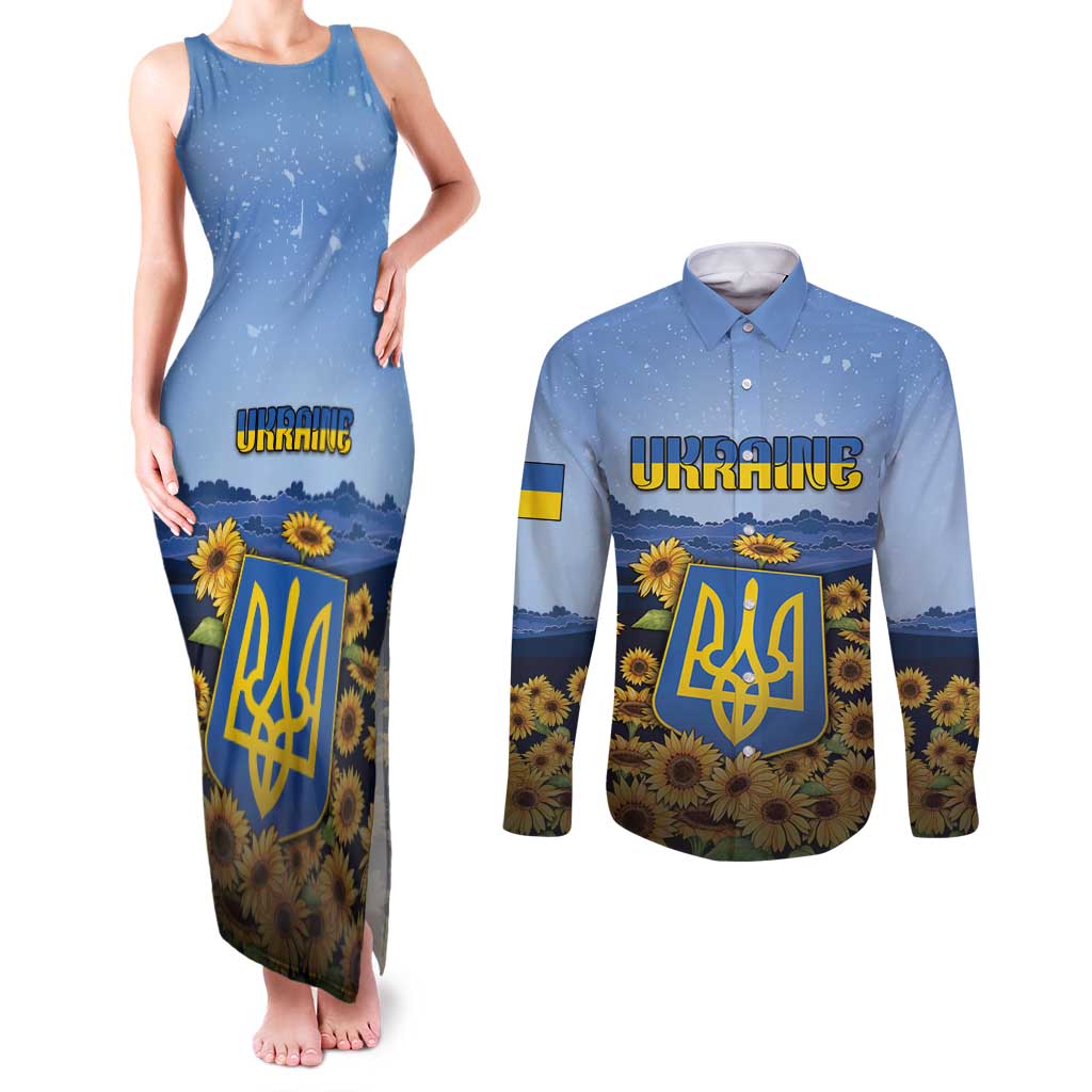 Personalized Ukraine Couples Matching Tank Maxi Dress and Long Sleeve Button Shirt Coat Of Arms On Sunflower Field - Wonder Print Shop