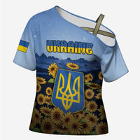 Personalized Ukraine Cross Shoulder Shirt Coat Of Arms On Sunflower Field - Wonder Print Shop