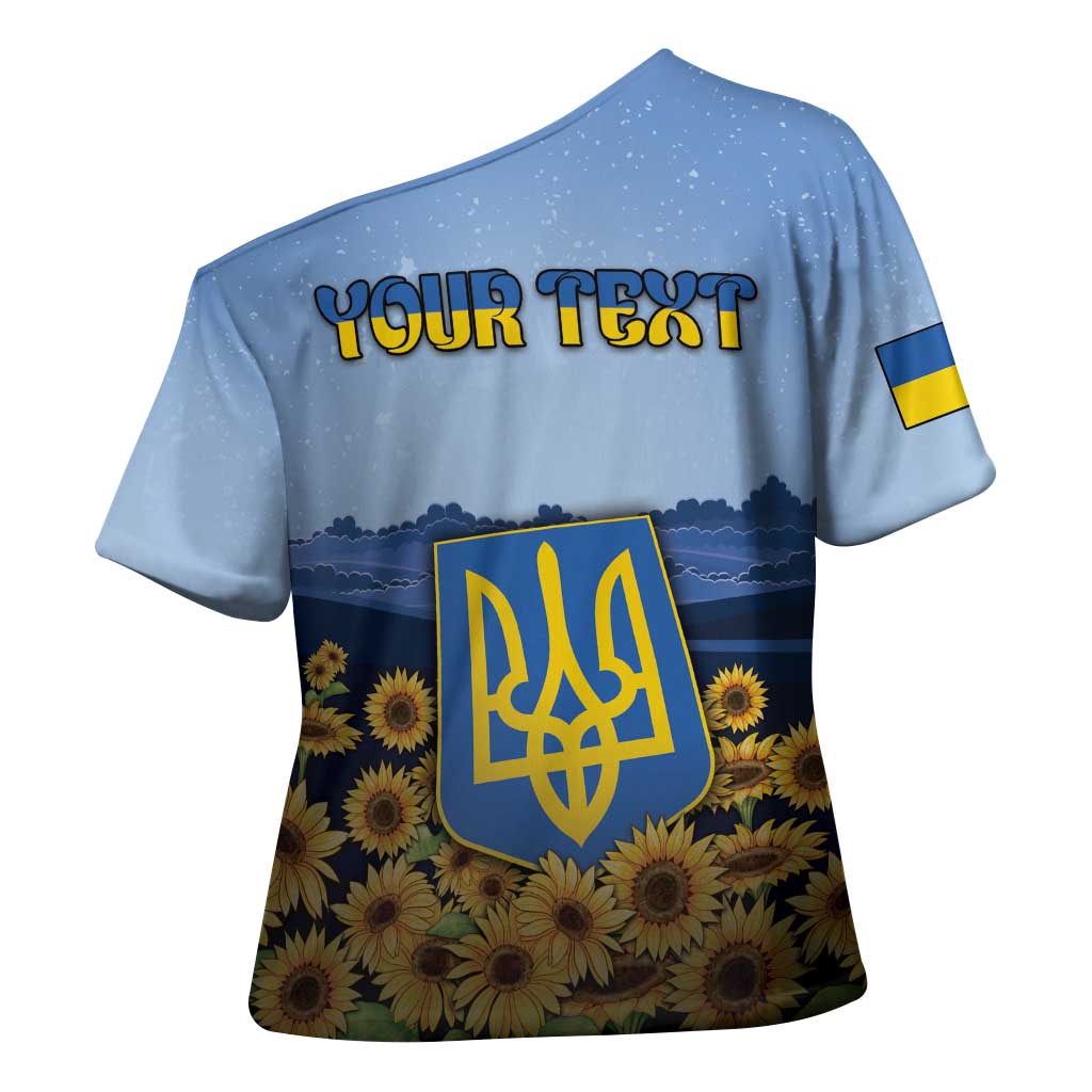 Personalized Ukraine Cross Shoulder Shirt Coat Of Arms On Sunflower Field - Wonder Print Shop