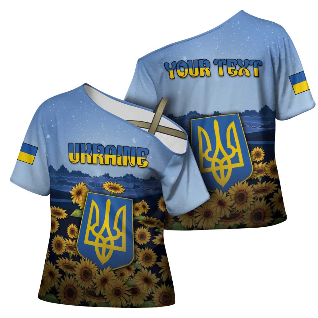 Personalized Ukraine Cross Shoulder Shirt Coat Of Arms On Sunflower Field - Wonder Print Shop