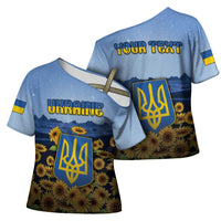 Personalized Ukraine Cross Shoulder Shirt Coat Of Arms On Sunflower Field - Wonder Print Shop