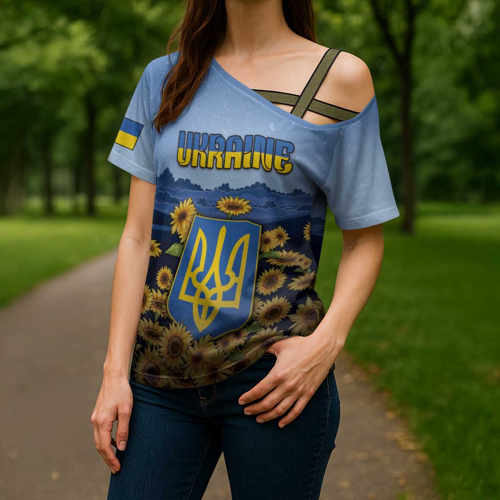 Personalized Ukraine Cross Shoulder Shirt Coat Of Arms On Sunflower Field - Wonder Print Shop