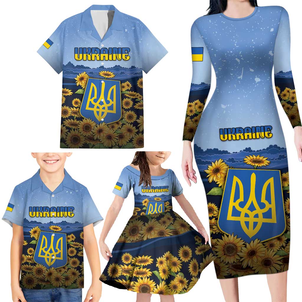 Personalized Ukraine Family Matching Long Sleeve Bodycon Dress and Hawaiian Shirt Coat Of Arms On Sunflower Field - Wonder Print Shop