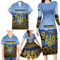 Personalized Ukraine Family Matching Long Sleeve Bodycon Dress and Hawaiian Shirt Coat Of Arms On Sunflower Field - Wonder Print Shop