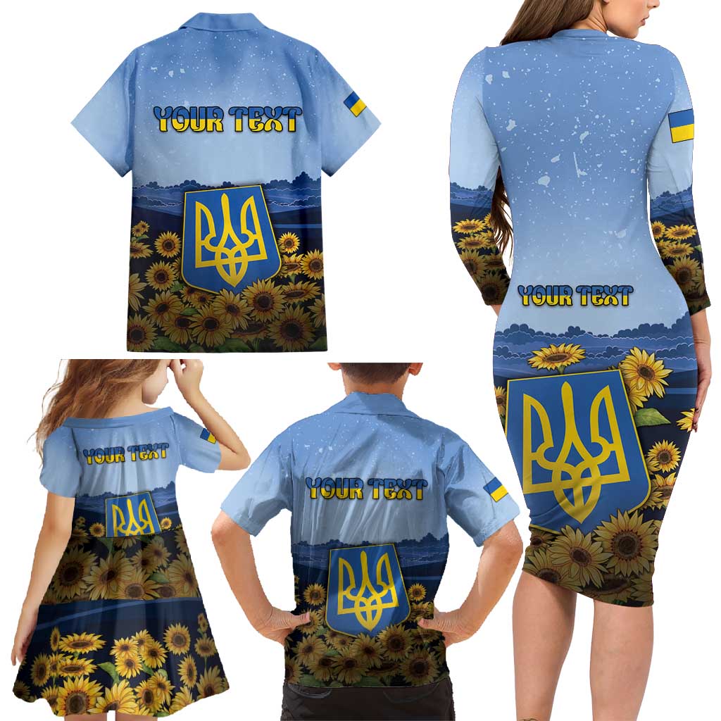Personalized Ukraine Family Matching Long Sleeve Bodycon Dress and Hawaiian Shirt Coat Of Arms On Sunflower Field - Wonder Print Shop