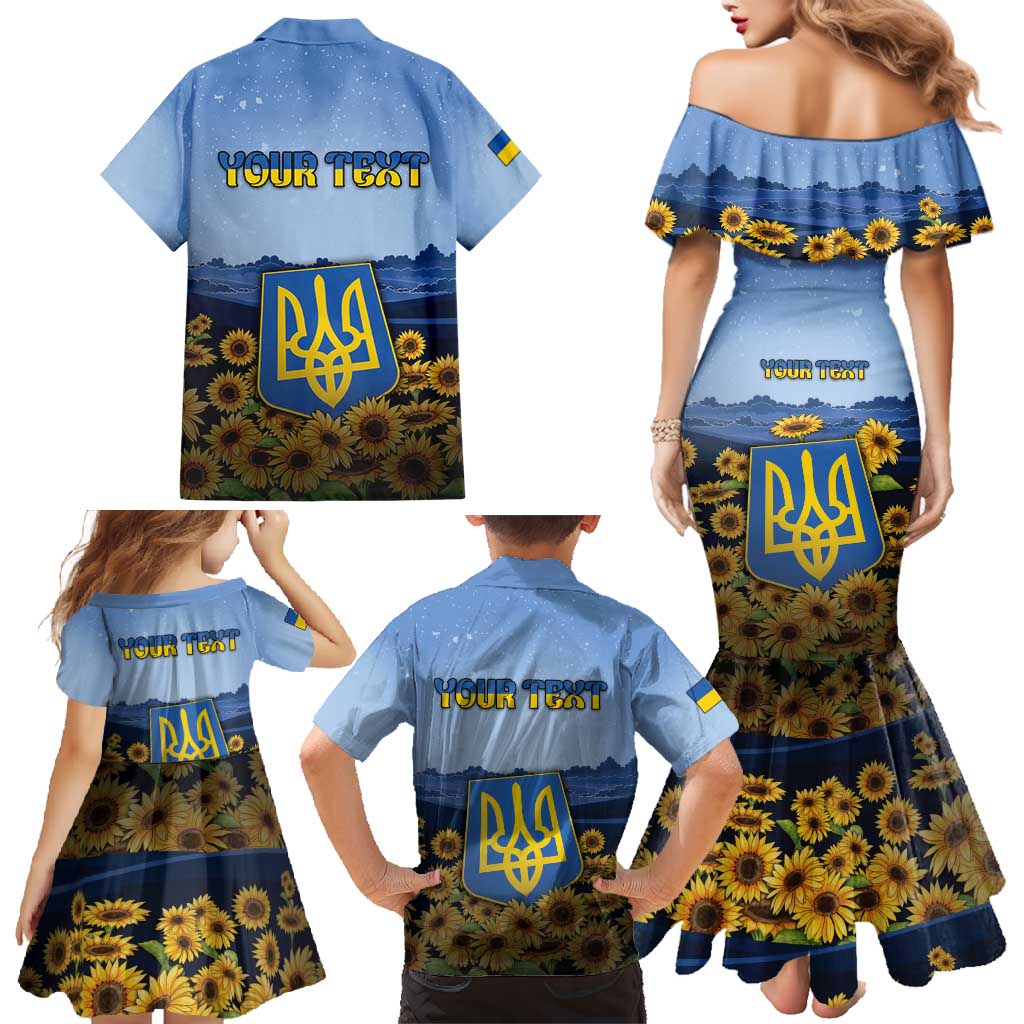 Personalized Ukraine Family Matching Mermaid Dress and Hawaiian Shirt Coat Of Arms On Sunflower Field - Wonder Print Shop
