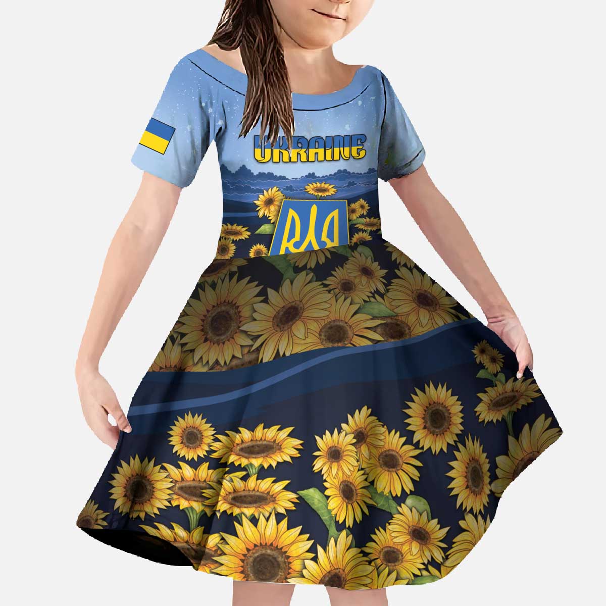 Personalized Ukraine Family Matching Off The Shoulder Long Sleeve Dress and Hawaiian Shirt Coat Of Arms On Sunflower Field - Wonder Print Shop