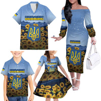 Personalized Ukraine Family Matching Off The Shoulder Long Sleeve Dress and Hawaiian Shirt Coat Of Arms On Sunflower Field - Wonder Print Shop