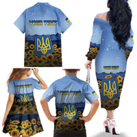 Personalized Ukraine Family Matching Off The Shoulder Long Sleeve Dress and Hawaiian Shirt Coat Of Arms On Sunflower Field - Wonder Print Shop