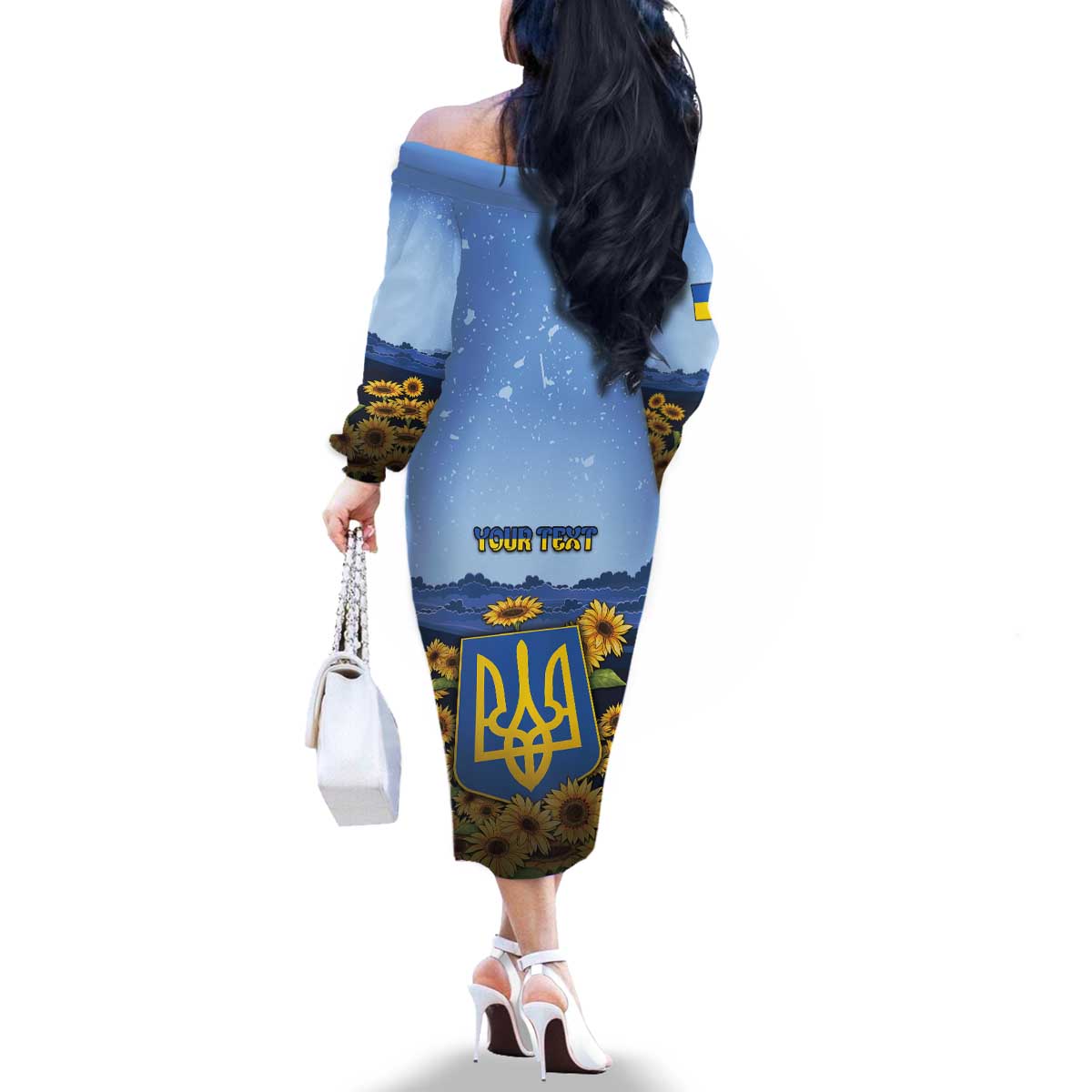 Personalized Ukraine Family Matching Off The Shoulder Long Sleeve Dress and Hawaiian Shirt Coat Of Arms On Sunflower Field - Wonder Print Shop