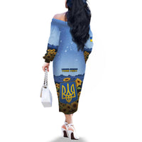 Personalized Ukraine Family Matching Off The Shoulder Long Sleeve Dress and Hawaiian Shirt Coat Of Arms On Sunflower Field - Wonder Print Shop