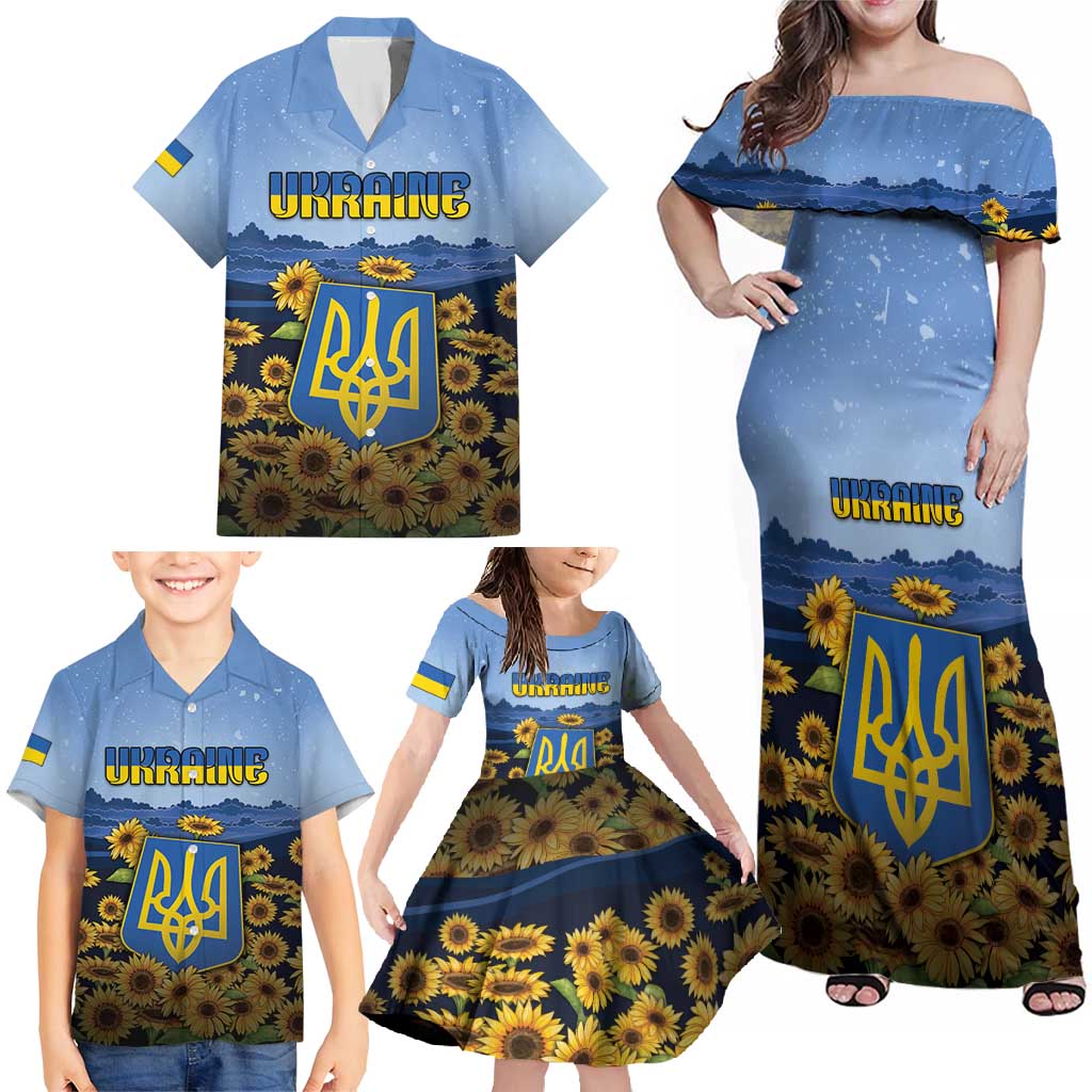 Personalized Ukraine Family Matching Off Shoulder Maxi Dress and Hawaiian Shirt Coat Of Arms On Sunflower Field - Wonder Print Shop