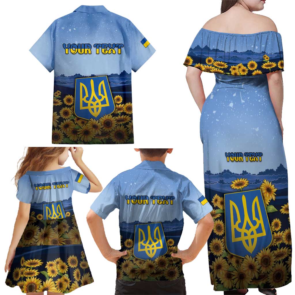 Personalized Ukraine Family Matching Off Shoulder Maxi Dress and Hawaiian Shirt Coat Of Arms On Sunflower Field - Wonder Print Shop